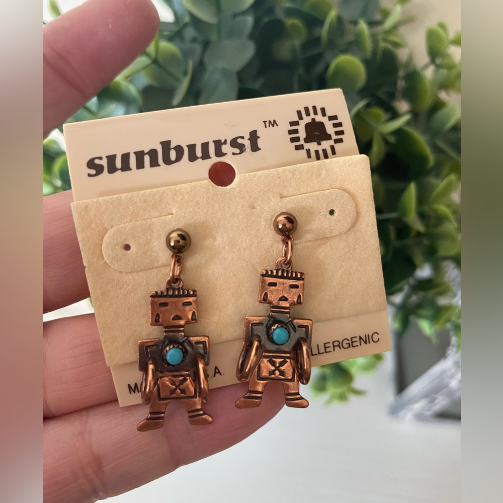 New Bell trading company Sunrise Copper Aztec Warriers Turquoise Pierced Dangles